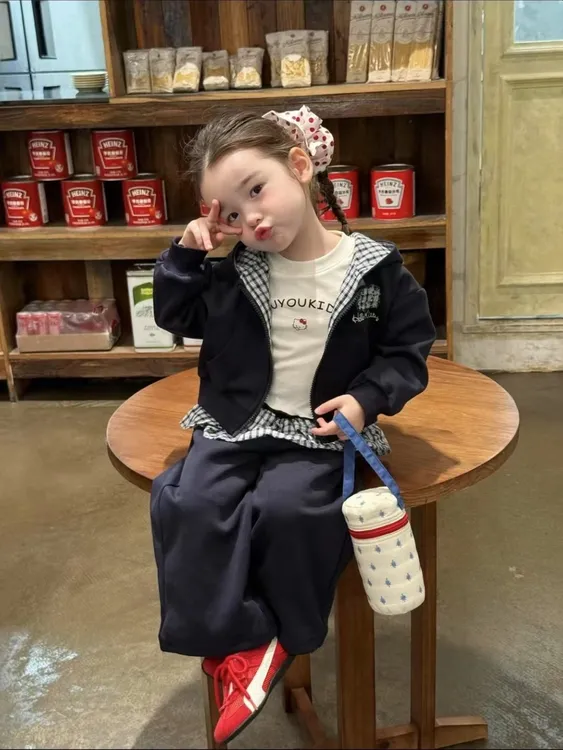 25新款女童秋款拉链韩版休闲百搭撞色格子外套屁帘裤两件套套装