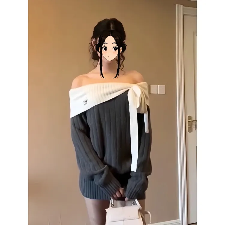 纯欲辣妹蝴蝶结一字肩针织连衣裙女秋冬气质收腰显瘦性感包臀短裙