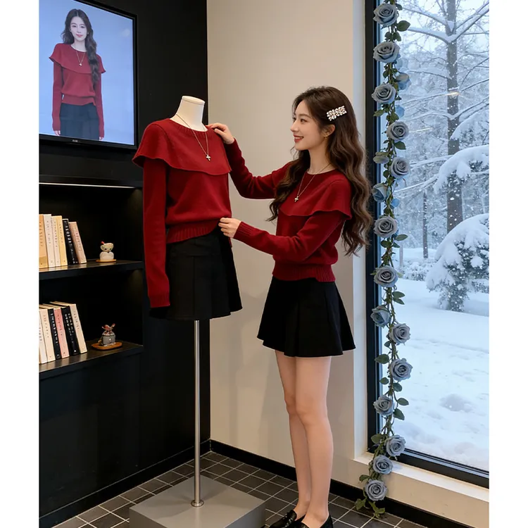 超好看红色荷叶边圆领套头针织衫女秋冬新款小众甜美气质长袖上衣