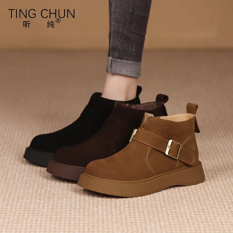 听纯18279秋冬2025新款百搭女短靴复古真皮厚底加绒女鞋时尚防滑