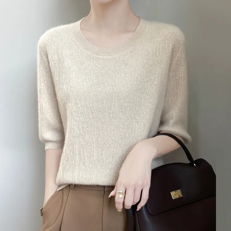 浮雕工艺百搭中袖圆领五分袖树脂固色毛针织衫毛衣套头夏季显瘦