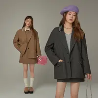 C01W【金拐子专属】CHUU格纹韩系BF风字母西装毛呢大衣-F