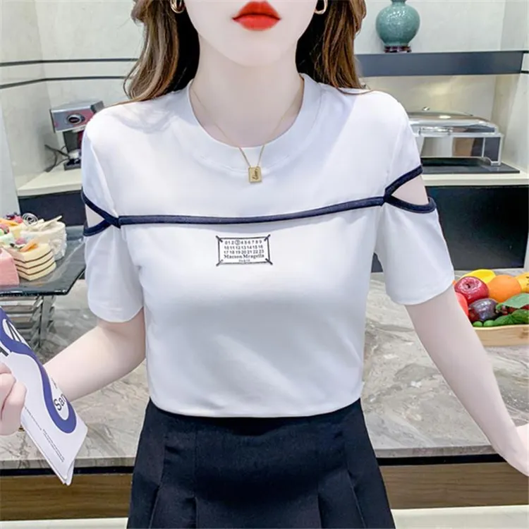 法乐琪正肩短袖t恤女2025年新款夏季别致镂空时尚百搭设计感上衣