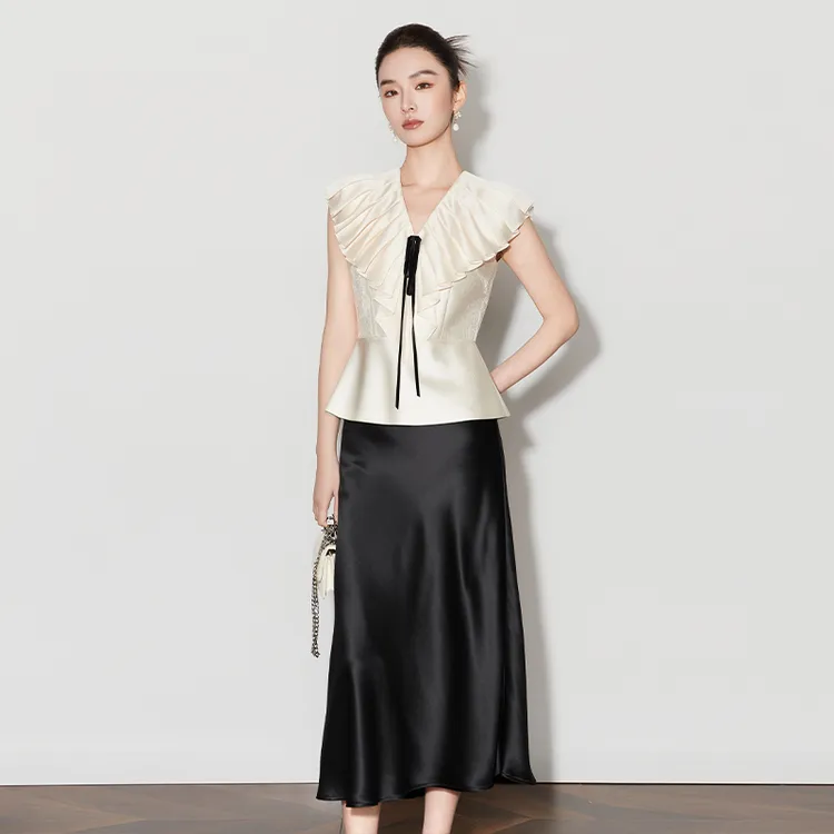 夏季大翻领无袖衬衫超美V领法式优雅上衣黑色包臀半身裙套装女