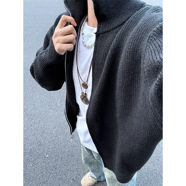 黑色立领开衫毛衣男秋冬季美式重磅针织衫慵懒风双拉链毛线衣外套