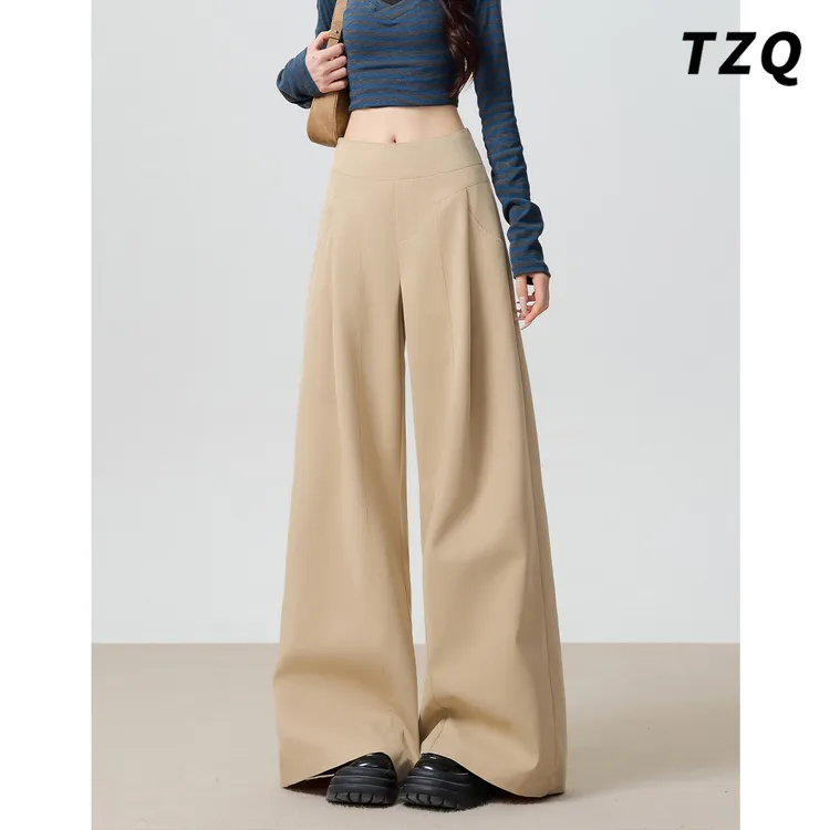 卡其色阔腿休闲裤女款爆款2025新款秋季高腰显瘦宽松拖地直筒裤子