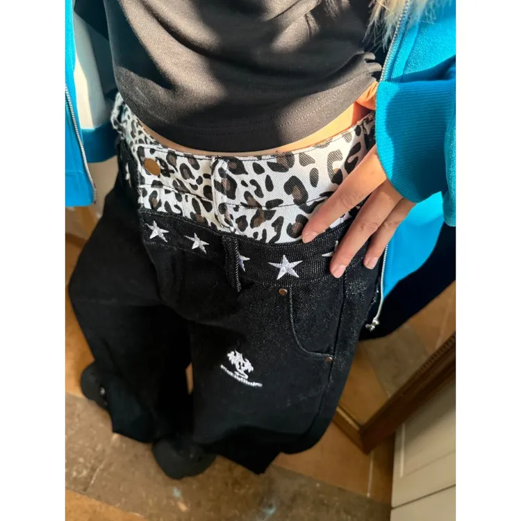 复古美式豹纹水洗牛仔裤女冬季新款街头辣妹百搭直筒潮流阔腿长裤
