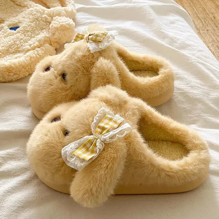 包头毛毛拖鞋女款冬季居家厚底防滑毛绒保暖可爱蝴蝶结狗狗棉拖鞋