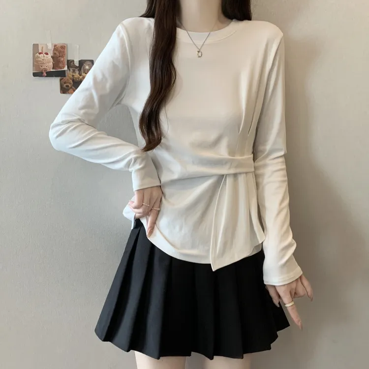 大码遮肚子设计感内搭正肩长袖T恤女春秋胖妹妹显瘦百搭打底上衣