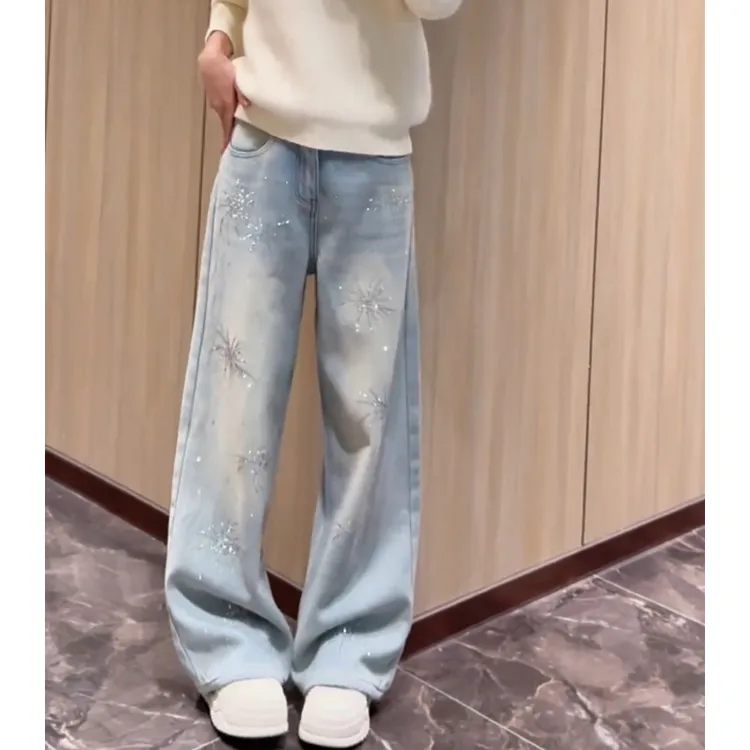 小个子蓝色牛仔裤女士2025年冬季新款爆款裤子加绒加厚宽松直筒裤