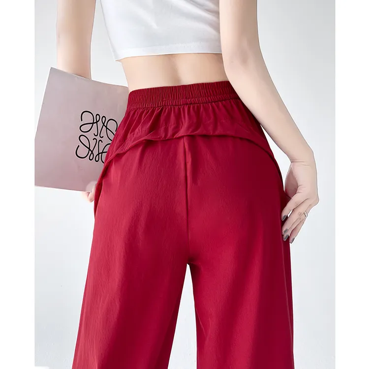 红色工装裤女夏季2025新款宽松直筒休闲阔腿裤薄款美式速干运动裤