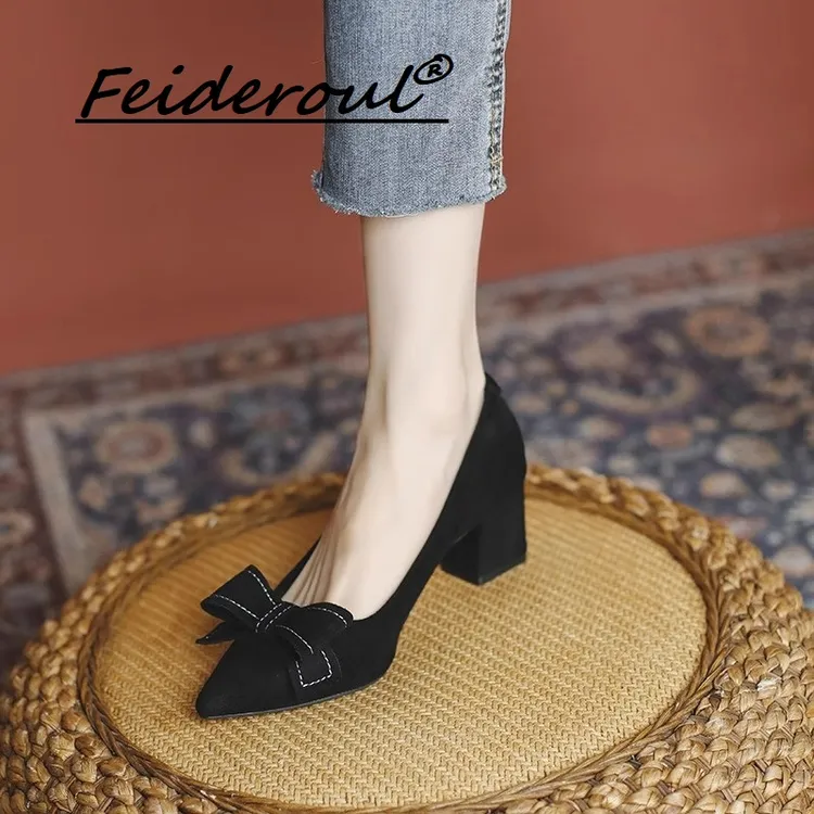 Feideroul气质不累脚法式高跟鞋2025新款中低跟百搭小码粗跟单鞋