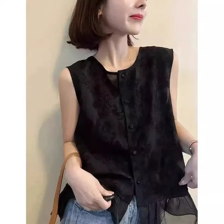 2025夏季新款时尚百搭显瘦无袖蕾丝拼接上衣女设计感减龄小衫女潮