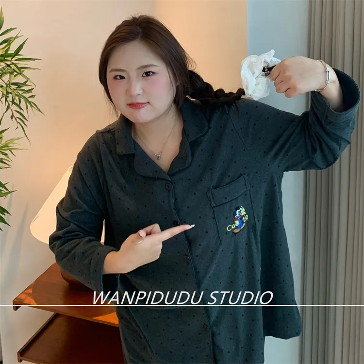 大码胖MM200斤秋冬长袖长裤德绒波点米奇ins宅家少女睡衣