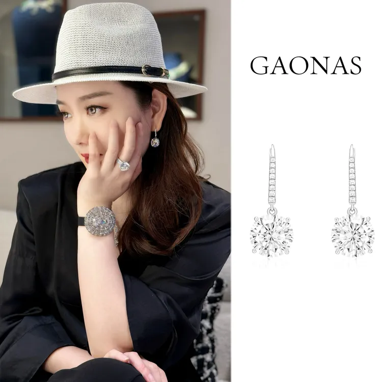 GAONAS 925银合成锆石耳饰 臻奢气场白色10克拉圆形耳环  11080EW