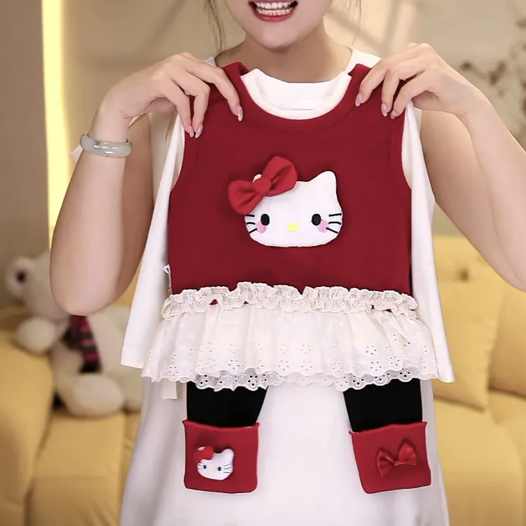 女童可爱时尚卡通猫咪蕾丝打底裤子套装2025秋冬季三件套上衣潮