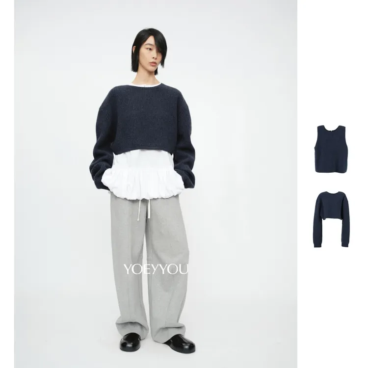 YOEYYOU  25秋冬新品超短毛织上衣0387/圆摆毛织马甲0690