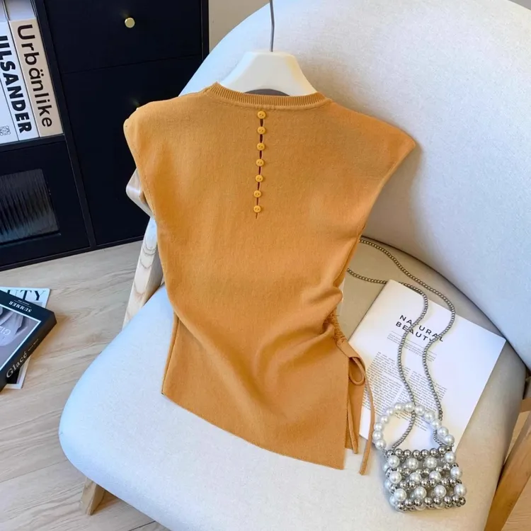 后背镂空无袖针织t恤衫女夏季薄款别致不规则抽褶收腰多巴胺上衣