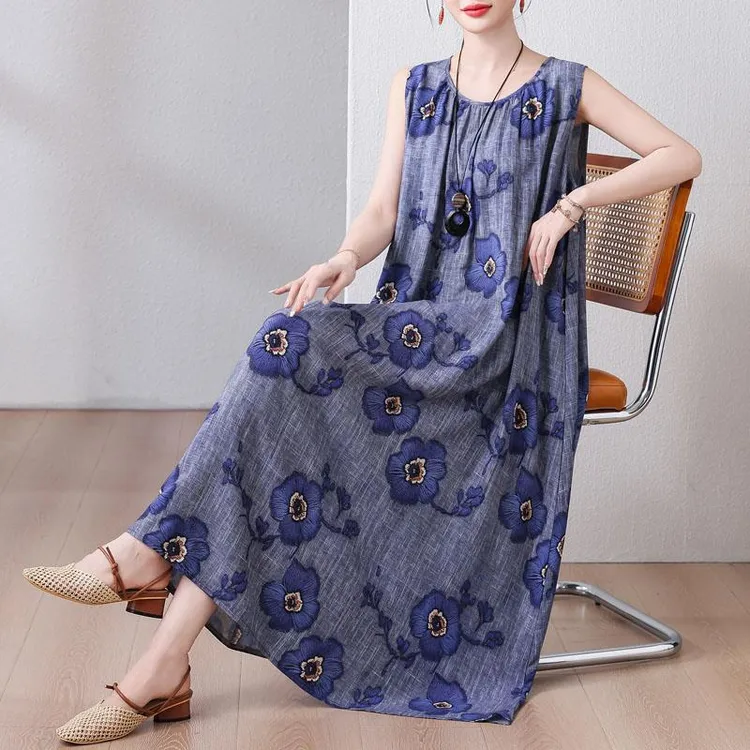 2025新款夏季棉绸连衣裙时尚背心裙中长款过膝吊带宽松大码长裙子