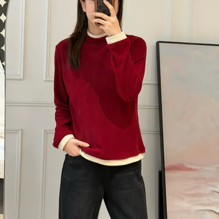 NANA 【半高领假两件】秋冬磨毛300G双面澳绒长袖打底衫女宽松C0603