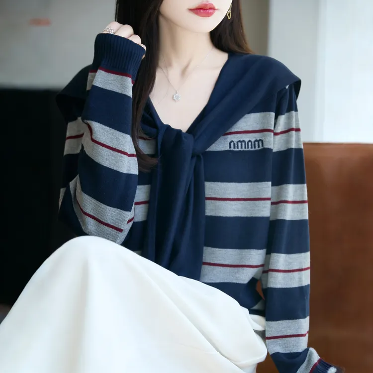 2025秋冬V领真两件披肩条纹毛针织衫女刺绣字母早秋早春冬季可穿