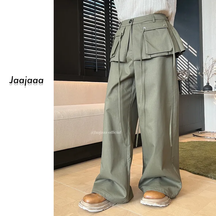 Jaajaaa巴塞漫步 美式复古小众拼接假两件垂感工装休闲裤/AACI