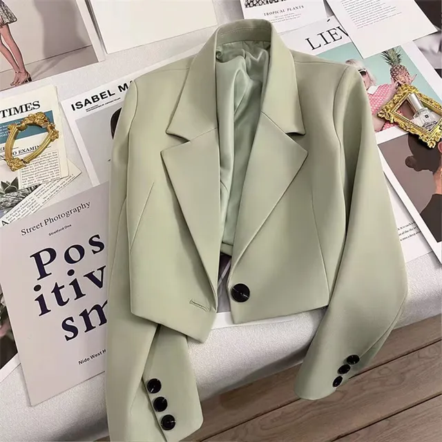 短款西装外套女士小个子2025新款春秋翡翠绿百搭气质西服套装上衣