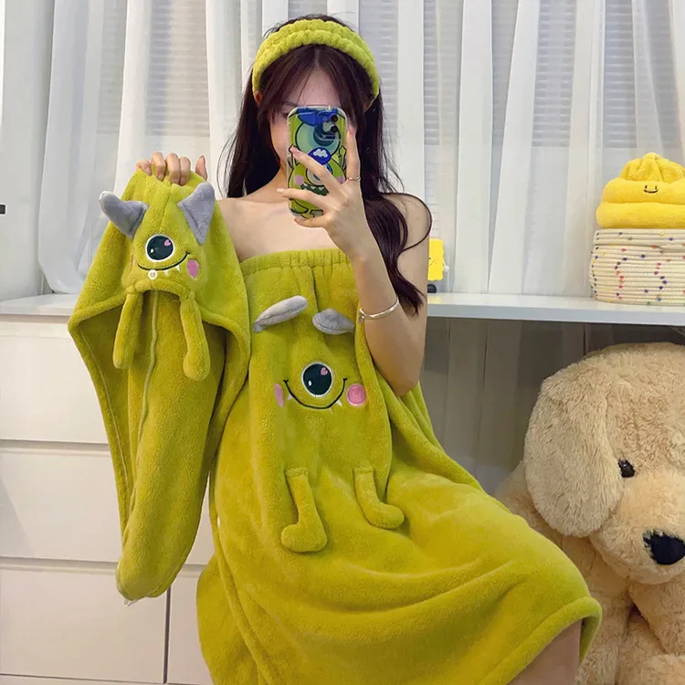 可爱卡通大眼仔干发帽浴巾毛巾三件套珊瑚绒浴裙可穿可裹成人吸水