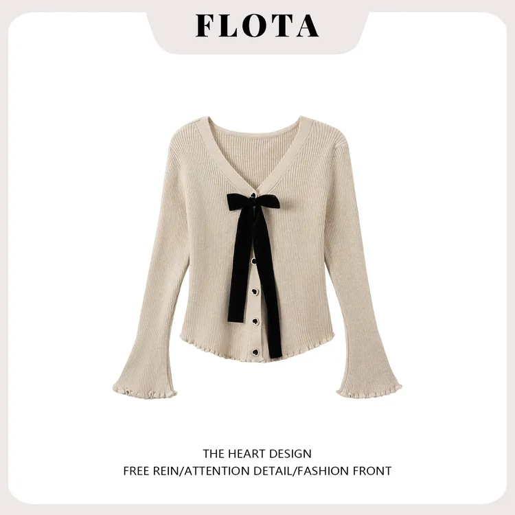 纯欲风V领坑条蝴蝶结修身长袖打底衫女秋冬新款ins气质设计感上衣