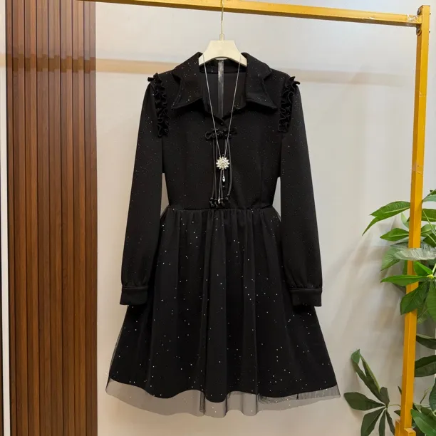 新款大码女装时尚气质衬衫领木耳花边设计拼纱显瘦连衣裙