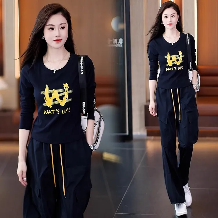 休闲运动套装女秋季新款洋气质字母印花长袖T恤工装阔腿裤两件套