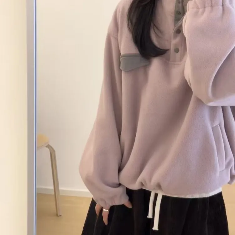 韩国chic撞色设计感摇粒绒卫衣女2025冬季新款慵懒风加厚保暖上衣