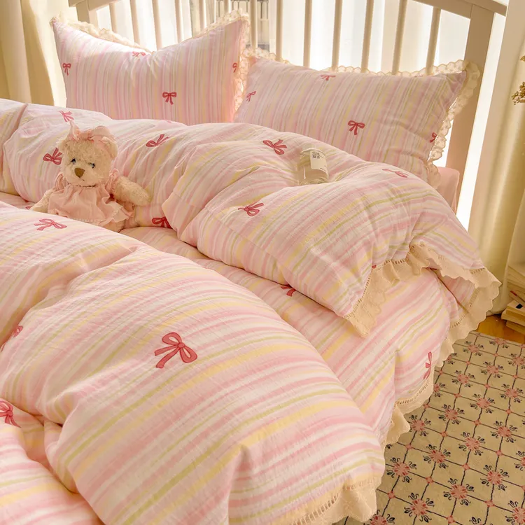 公主风皱皱纱床上四件套花边少女双层纱被套床单人床品三件套床笠