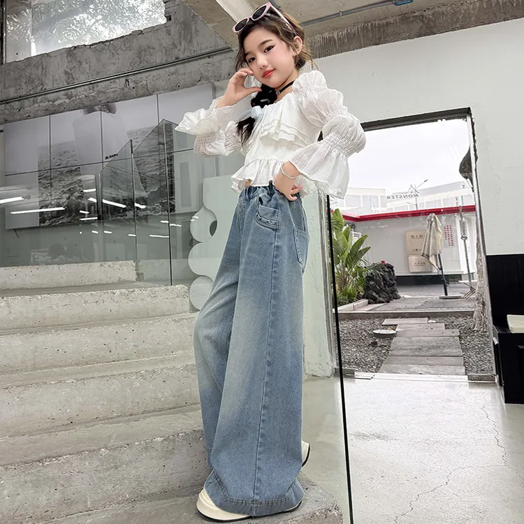 儿童裤子女童牛仔裤新款爆款春秋中大童女孩阔腿牛仔裤宽松喇叭裤