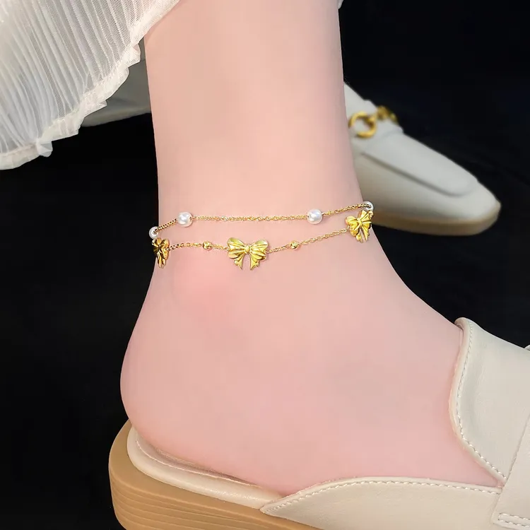 钛钢脚链 金色蝴蝶结珠珠脚链女轻奢2025新款夏季精致简约足链子