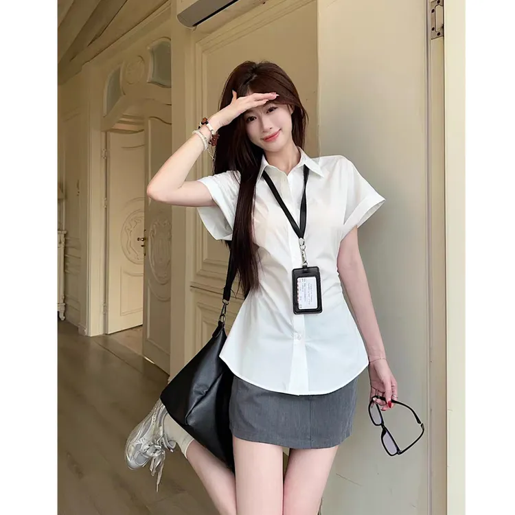 慵懒风甜美白色POLO领短袖衬衫女夏季绑带收腰衬衣小众设计感上衣
