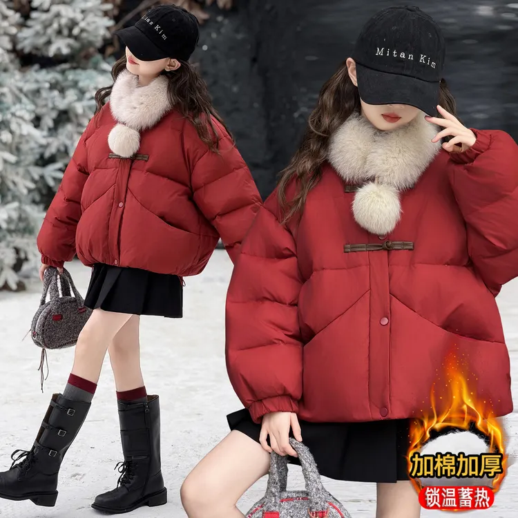 女童红色棉服冬季2026新款洋气儿童加厚款棉衣女大童冬装新年棉袄