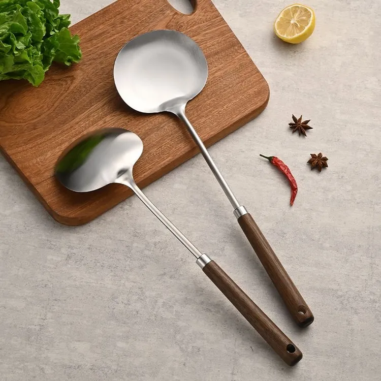 不锈钢锅铲胡桃木长柄蘑菇铲炒菜铲厨房炒菜勺家用厨具加厚铲防烫