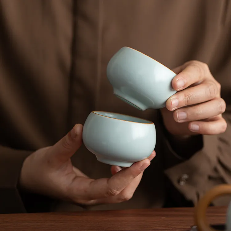 高档轻奢汝窑天青茶杯家用罗汉陶瓷主人杯单杯品茗杯茶具茶开片