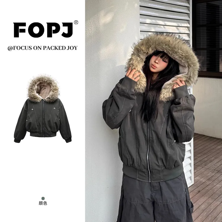 FOPJ美式复古座山雕毛领夹克棉服外套女秋冬季加绒保暖派克服上衣