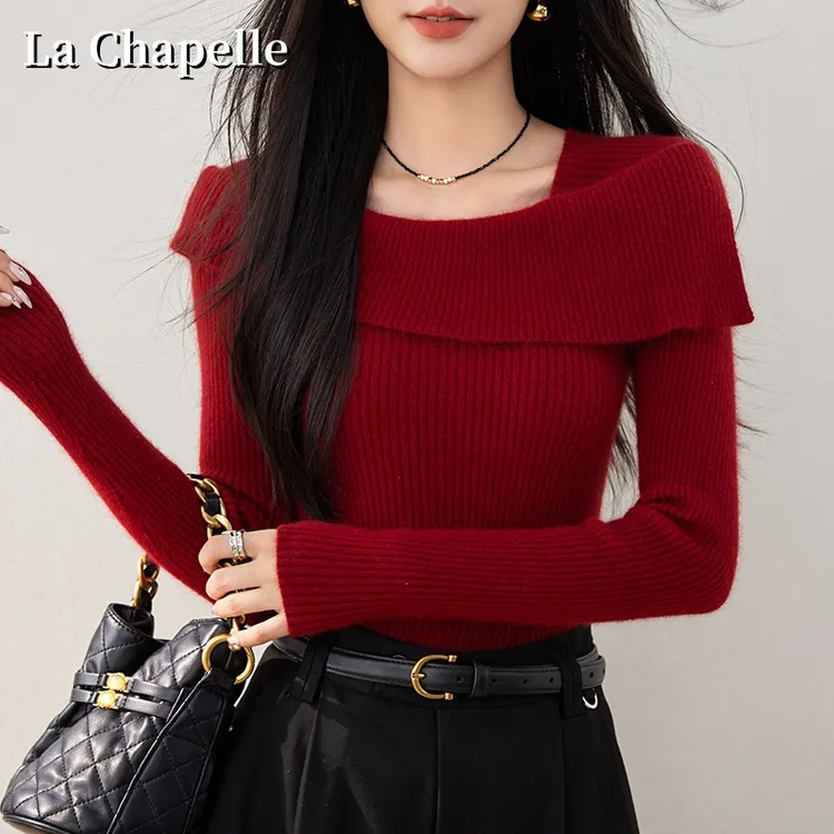 拉夏贝尔一字肩针织打底衫女秋季新款不规则内搭毛衣修身显瘦上衣