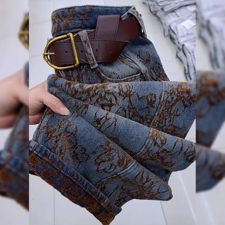 重工提花阔腿牛仔裤女秋冬新款大码胖mm宽松显瘦加厚小个子直筒裤