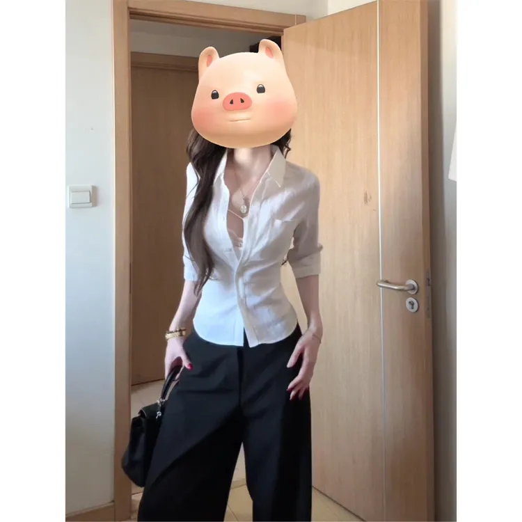 parkyeon夏季新款设计感翻领修身收腰显瘦衬衫宽松阔腿休闲裤套装