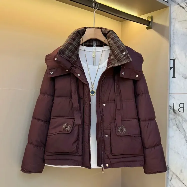 冬季新款格子撞色拼接连帽棉服215款