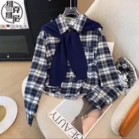 小个子韩系复古针织披肩磨毛长袖格子短衬衫女秋季慵懒风休闲上衣
