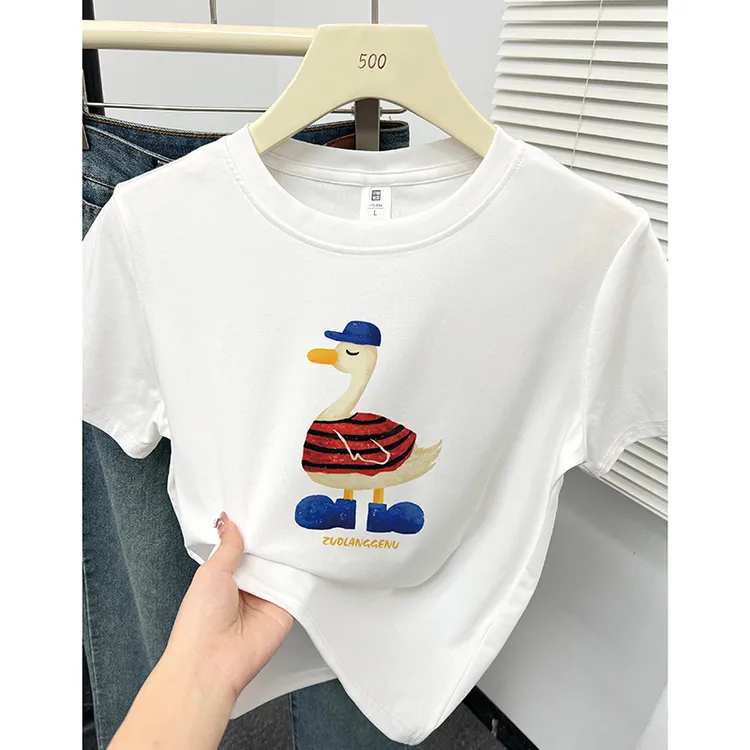 夏季新款正肩短袖t恤女装小个子设计感卡通印花显瘦百搭圆领上衣