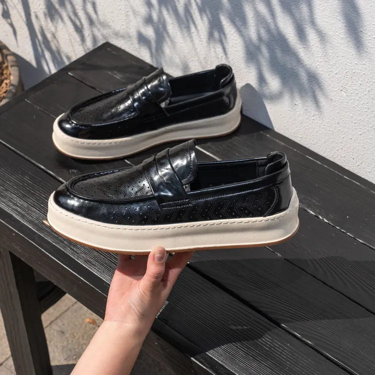 镂空夏季透气百搭套脚乐福鞋真皮皮鞋男款休闲鞋潮流轻便时尚男鞋