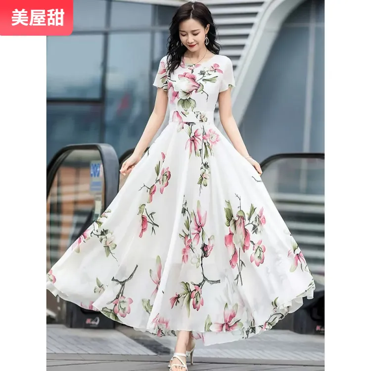 1超长款大摆连衣裙2025夏季圆领收腰显瘦白色印花及踝长裙I