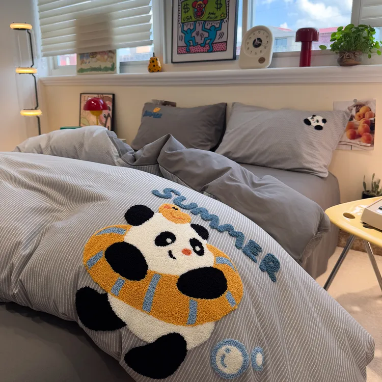 卡通风黑白小熊猫毛巾绣磨毛床上四件套纯棉100%全棉被套床单床笠