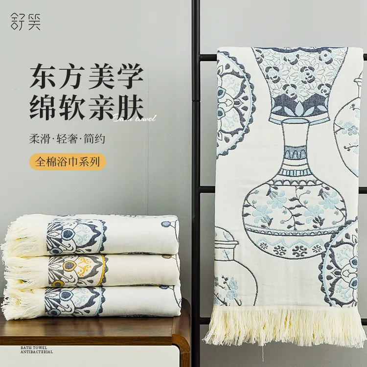 SHUXIAO/舒笑宋式美学加厚柔软青花三层纱布流苏多功能浴巾盖毯